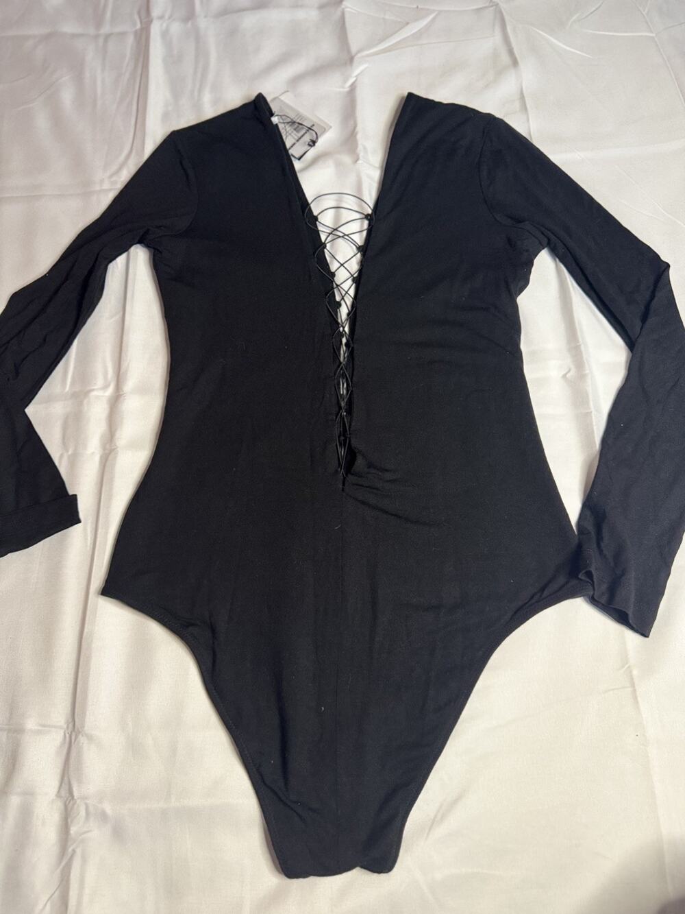 Alexander Wang Long Sleeve Bodysuit V-neck String Soft Bodysuit Black Size L NWT